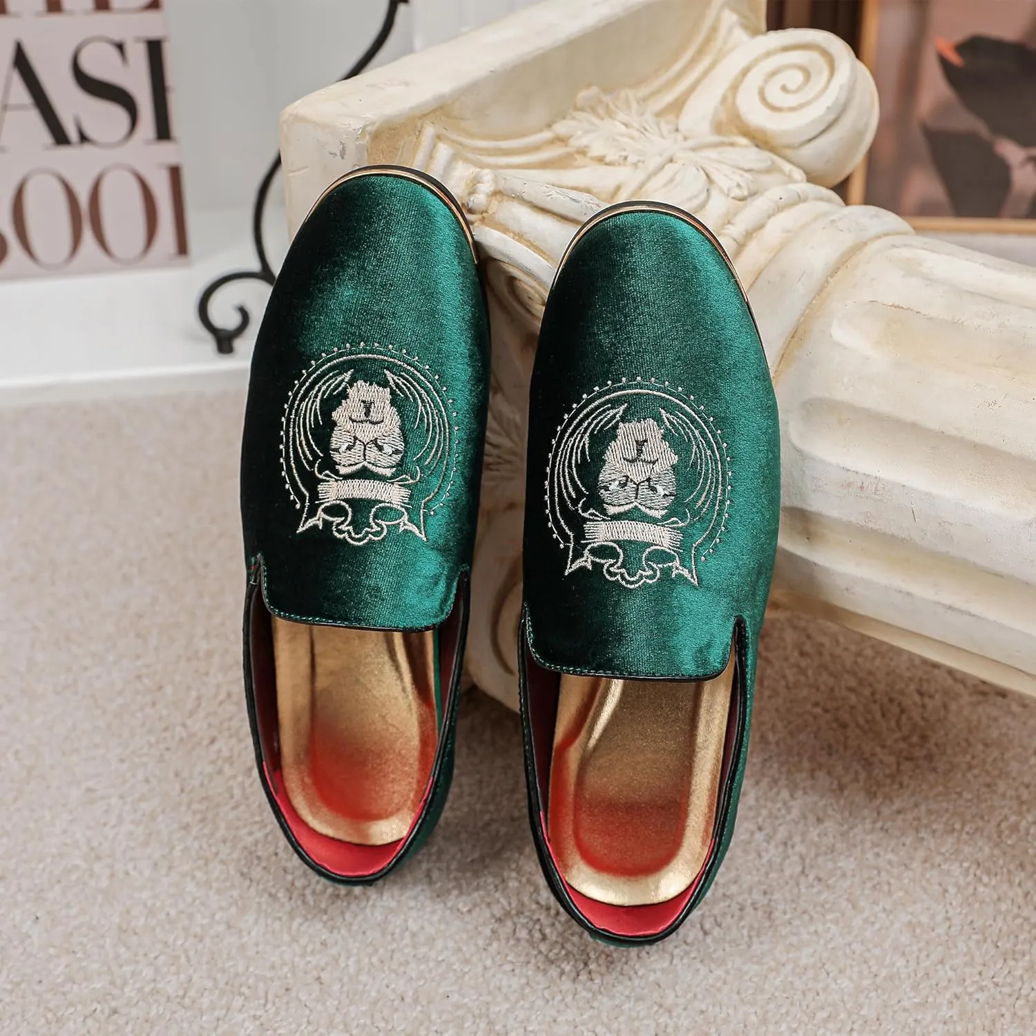 LCQL Men's Slip-On Embroidery Penny Loafers Flat Boat Shoes for Driving Walking Wedding Outdoor Indoor Size 7-14