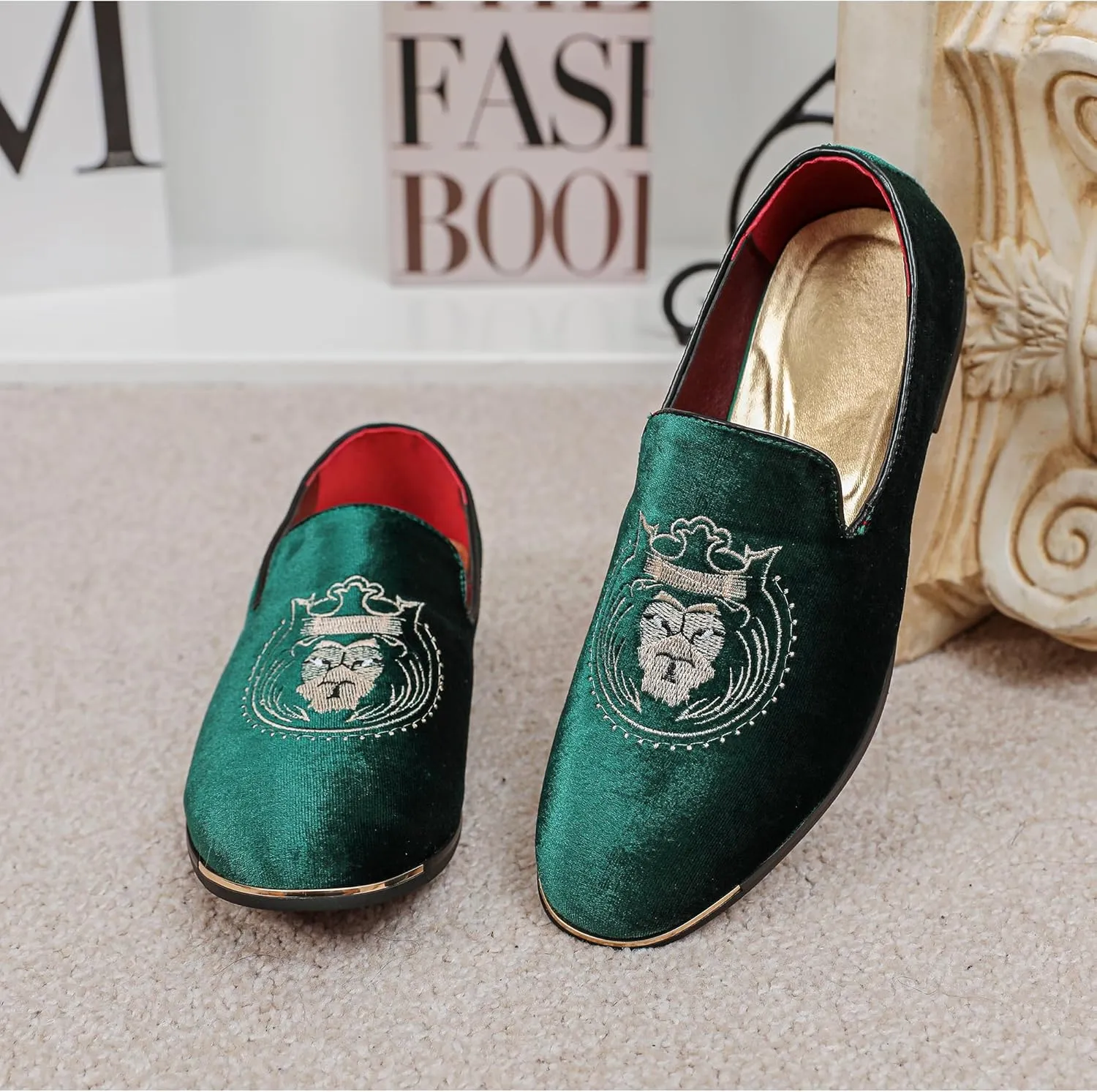 LCQL Men's Slip-On Embroidery Penny Loafers Flat Boat Shoes for Driving Walking Wedding Outdoor Indoor Size 7-14