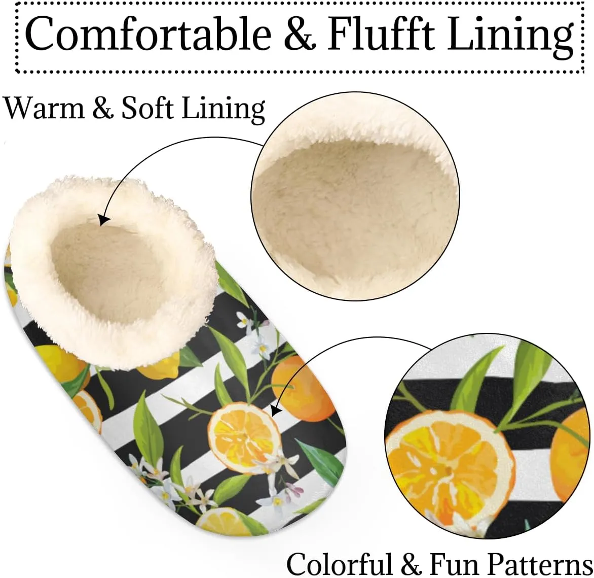 Lemon Orange Flower Women's Slippers, Fruit Stripe Non-Slip House Slipper Socks, Plush Lined Slippers Shoes for Girls Boys Teens Indoor Bedroom