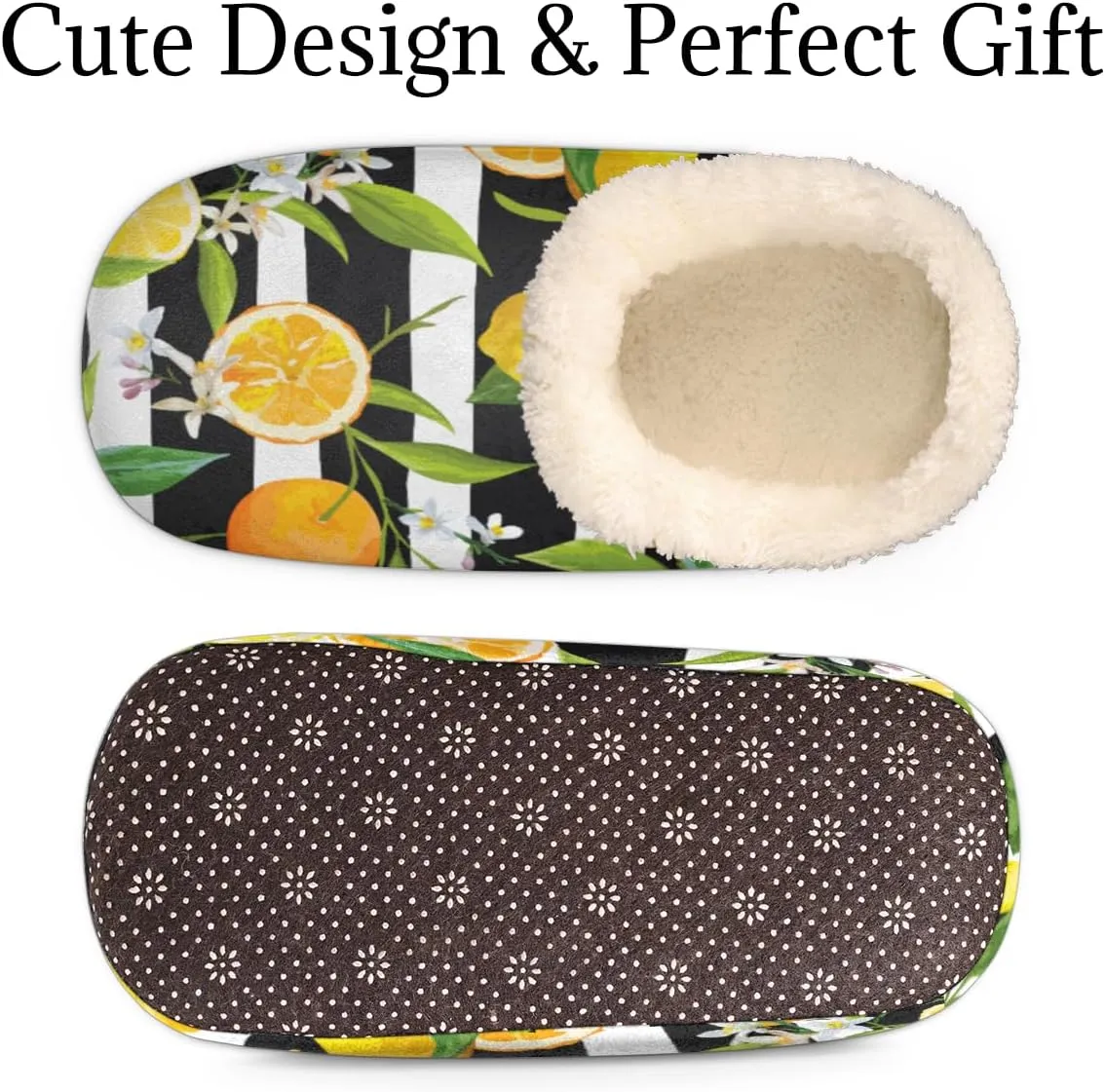 Lemon Orange Flower Women's Slippers, Fruit Stripe Non-Slip House Slipper Socks, Plush Lined Slippers Shoes for Girls Boys Teens Indoor Bedroom