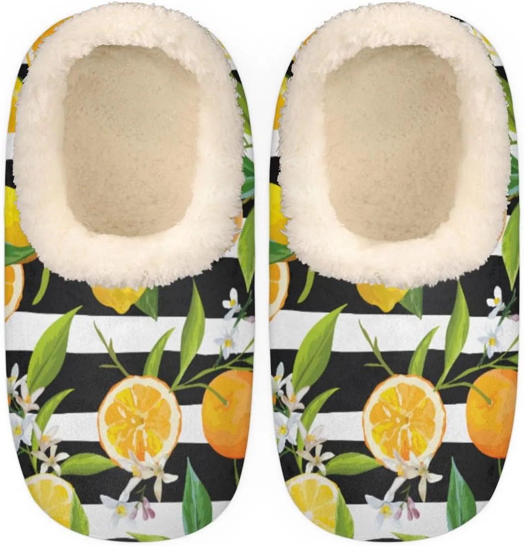 Lemon Orange Flower Women's Slippers, Fruit Stripe Non-Slip House Slipper Socks, Plush Lined Slippers Shoes for Girls Boys Teens Indoor Bedroom