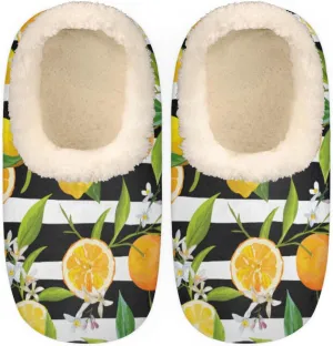 Lemon Orange Flower Women's Slippers, Fruit Stripe Non-Slip House Slipper Socks, Plush Lined Slippers Shoes for Girls Boys Teens Indoor Bedroom
