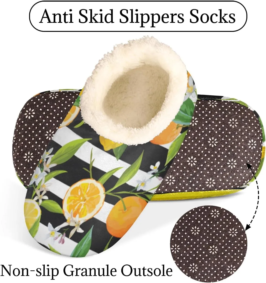 Lemon Orange Flower Women's Slippers, Fruit Stripe Non-Slip House Slipper Socks, Plush Lined Slippers Shoes for Girls Boys Teens Indoor Bedroom