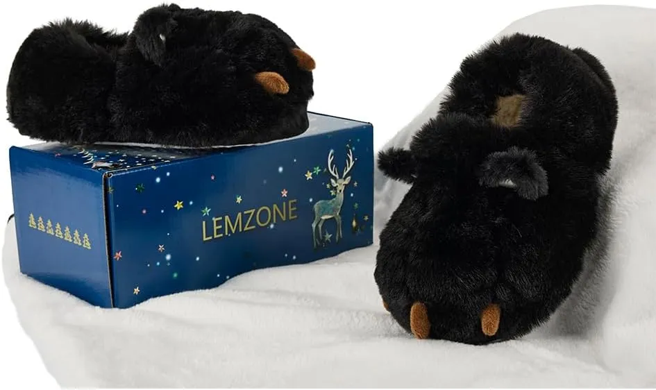LEMZONE Fuzzy Animal Slippers for Women Cute Warm Furry Bear Paw Funny House Slippers with Non-skid Bottoms
