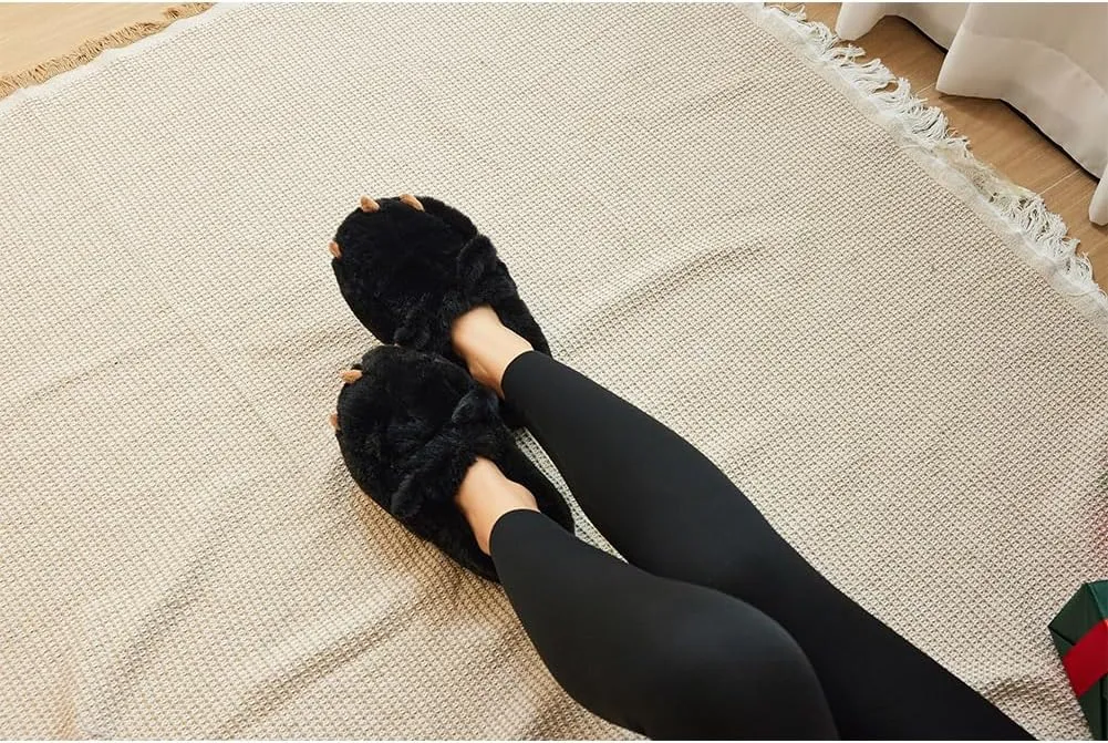 LEMZONE Fuzzy Animal Slippers for Women Cute Warm Furry Bear Paw Funny House Slippers with Non-skid Bottoms