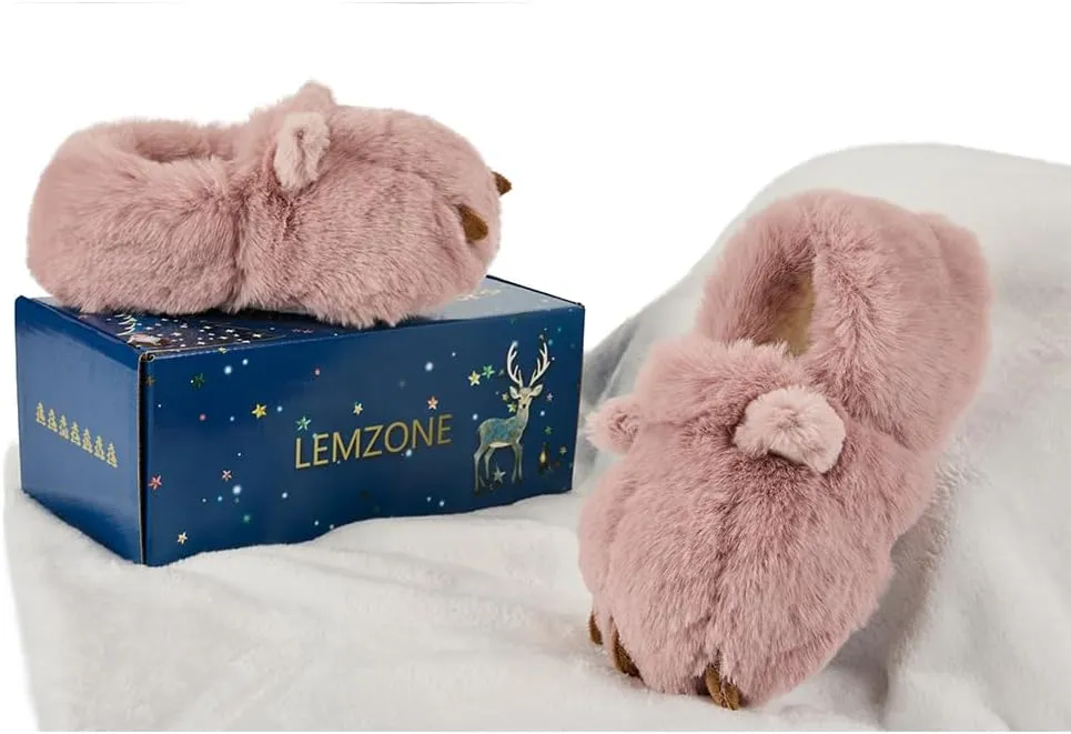 LEMZONE Fuzzy Animal Slippers for Women Cute Warm Furry Bear Paw Funny House Slippers with Non-skid Bottoms