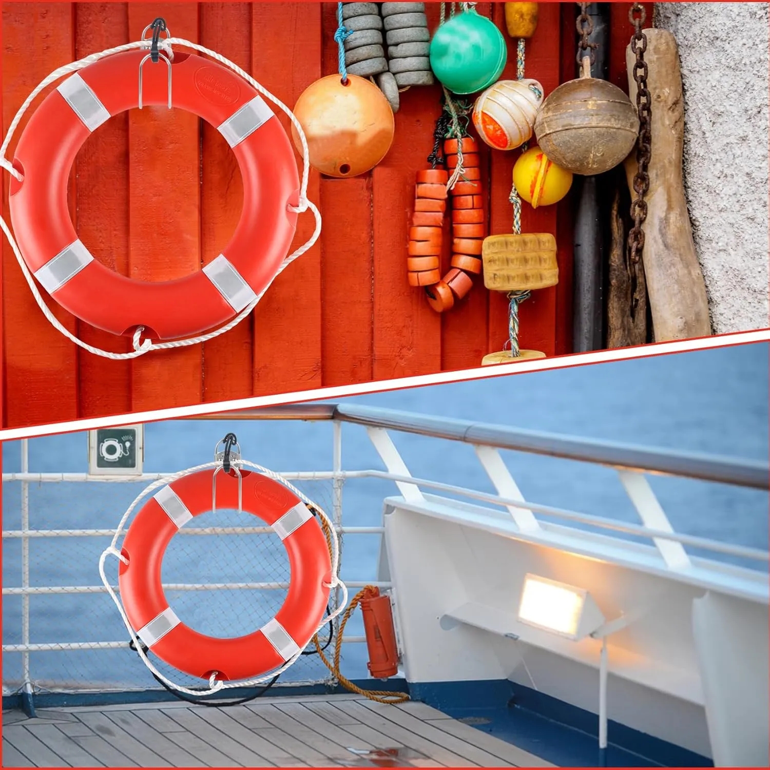 Life Ring for Boating Safety - 23" and 28" Boat Safety Throw Rings with Reflective Strip and Grab Lines (2 Color)