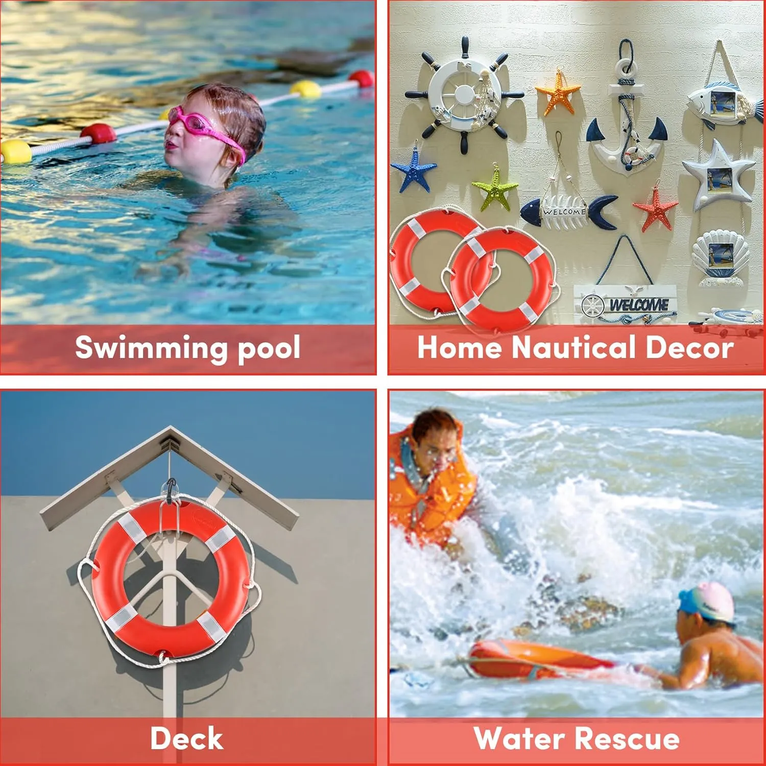 Life Ring for Boating Safety - 23" and 28" Boat Safety Throw Rings with Reflective Strip and Grab Lines (2 Color)
