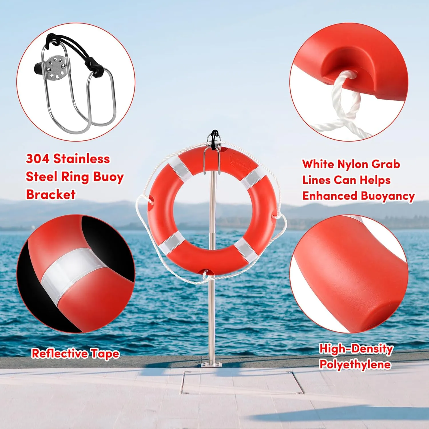 Life Ring for Boating Safety - 23" and 28" Boat Safety Throw Rings with Reflective Strip and Grab Lines (2 Color)