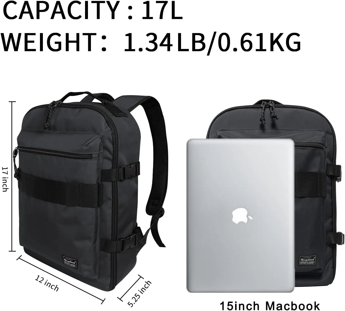 Lightweight Travel Backpack Hiking Daypack Laptop Bookbag, 17L Carry-on Personal Item Weekender Overnight Bag Unisex, All Black