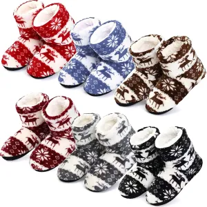 Liitrsh 6 Pairs Christmas Bootie Slipper Plush Boots Indoor Outdoor Slipper Socks with Sole Coral Fleece Booties with Grippers Deer Snowflake Warm Fluffy Shoes for Winter Gifts Home Women Man