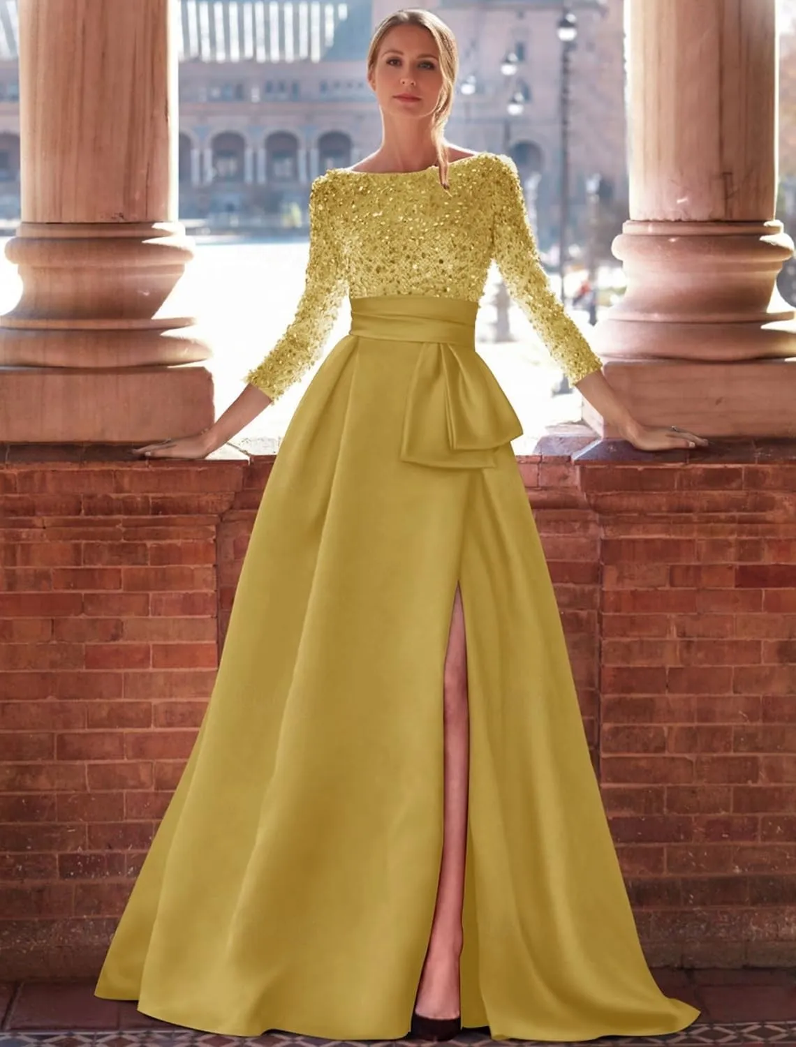 Long Sleeve Ball Gown Sequin Satin Mermaid Prom Dresses Boat Neck Floor Length Evening Gowns