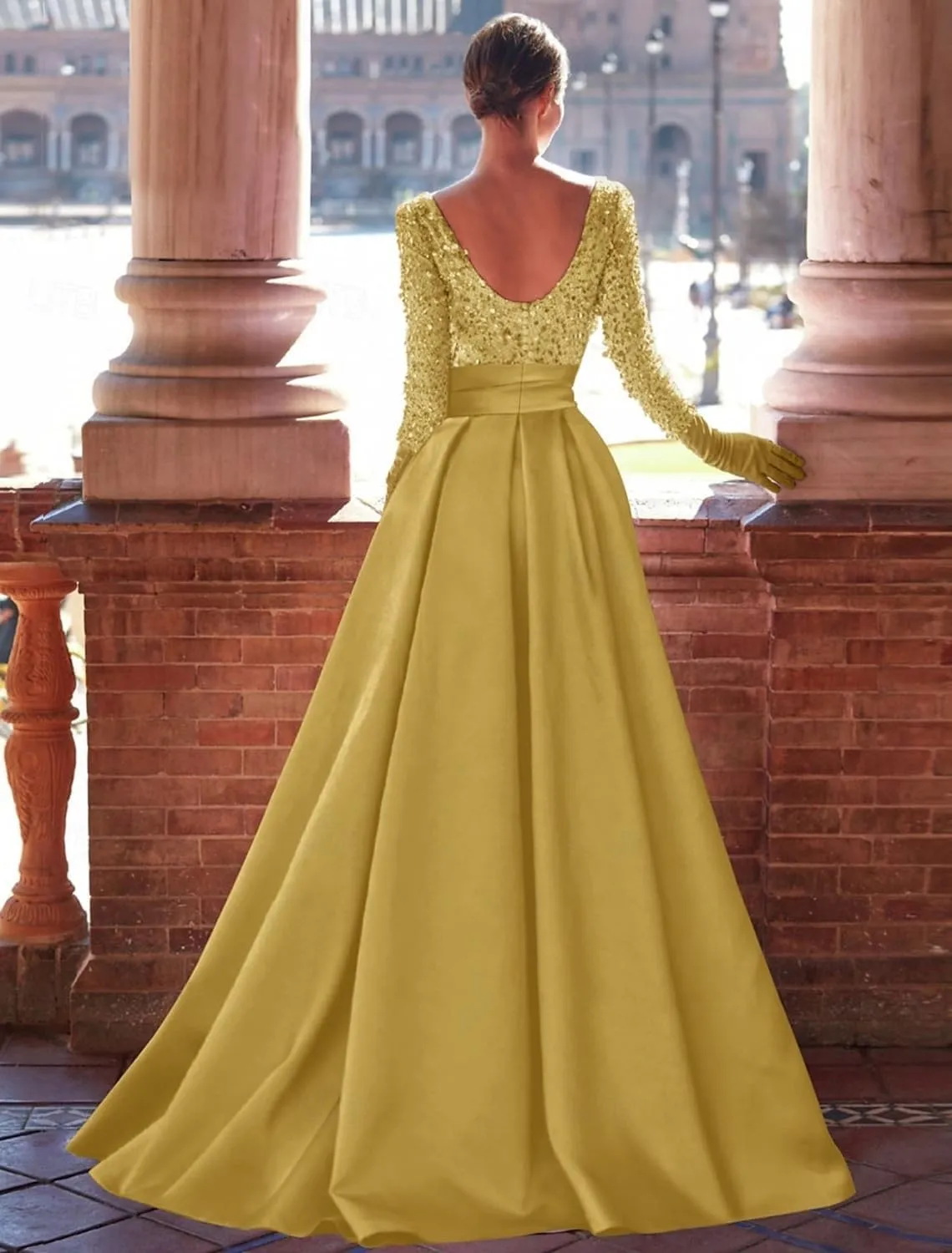 Long Sleeve Ball Gown Sequin Satin Mermaid Prom Dresses Boat Neck Floor Length Evening Gowns
