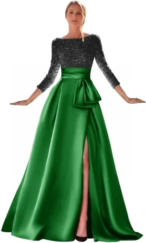 Long Sleeve Ball Gown Sequin Satin Mermaid Prom Dresses Boat Neck Floor Length Evening Gowns