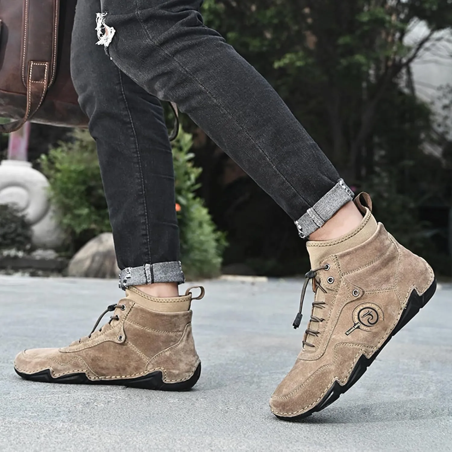 Lossarye Men's Handmade Suede Casual Chukka Boots Adjustable Waterproof Non-Slip Outdoor High Top Boots Slip-on Walking Driving Beck Shoes