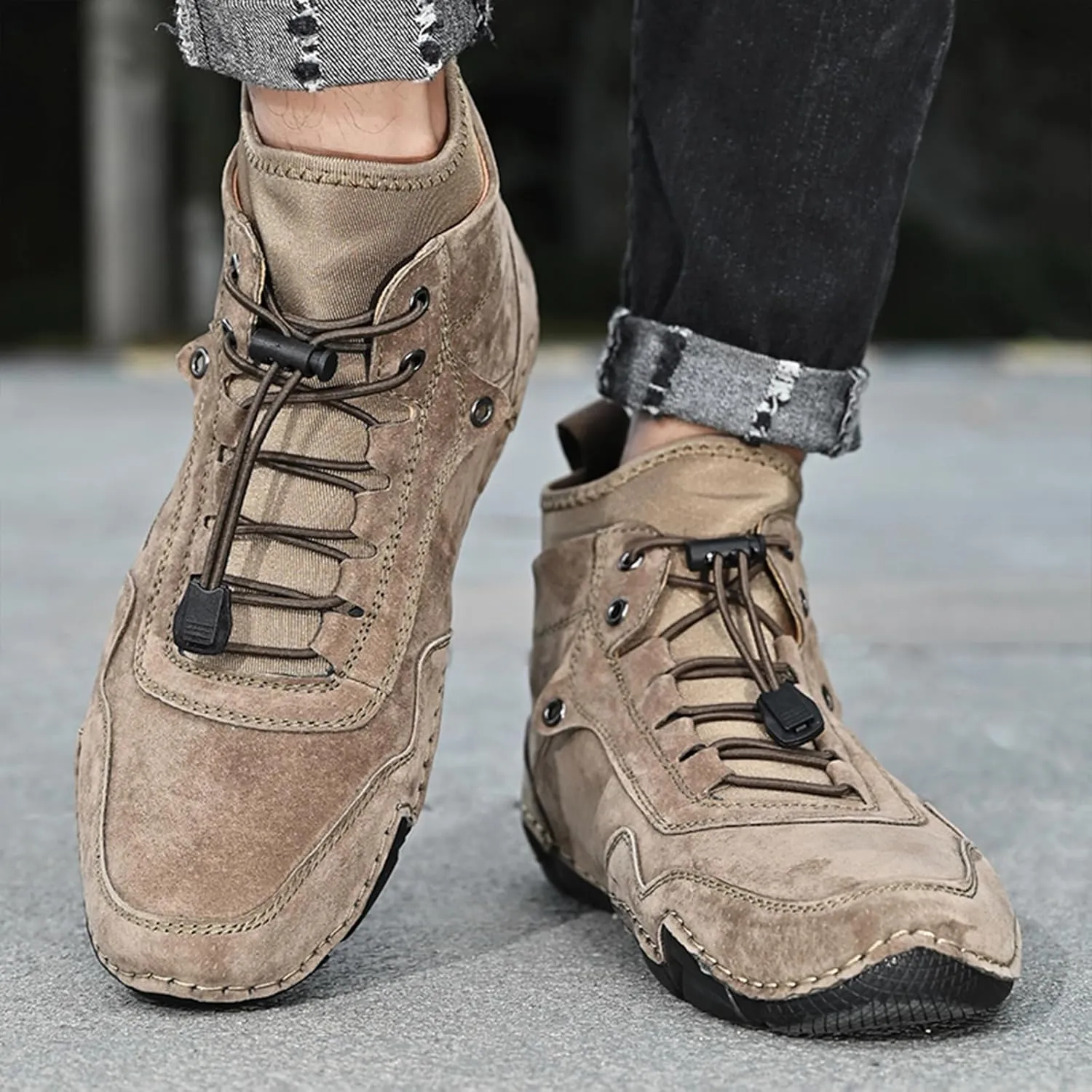 Lossarye Men's Handmade Suede Casual Chukka Boots Adjustable Waterproof Non-Slip Outdoor High Top Boots Slip-on Walking Driving Beck Shoes