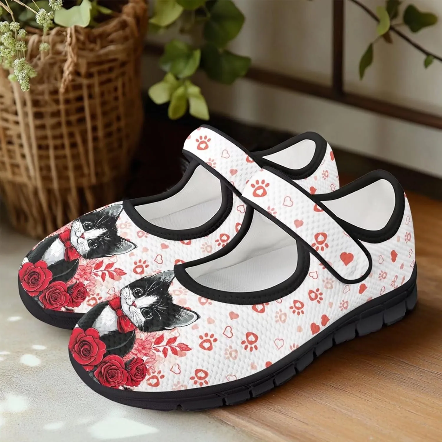Love Heart Pattern Womens Shoes Casual Breathable Slip On Kung Fu Mary Jane Shoes Diabetic Adjustable Grounding Shoes