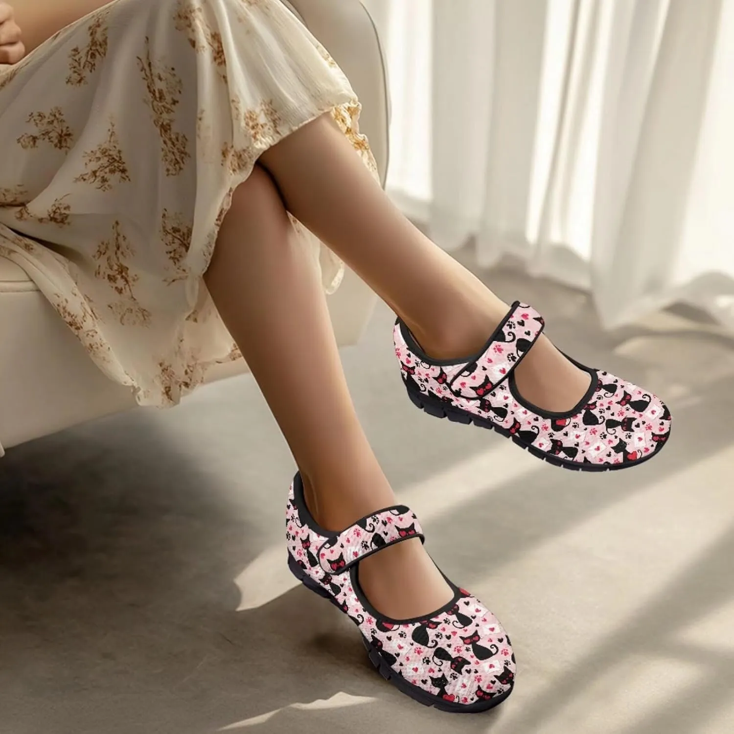 Love Heart Pattern Womens Shoes Casual Breathable Slip On Kung Fu Mary Jane Shoes Diabetic Adjustable Grounding Shoes