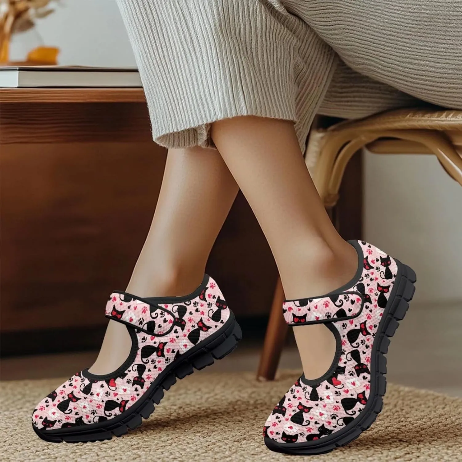 Love Heart Pattern Womens Shoes Casual Breathable Slip On Kung Fu Mary Jane Shoes Diabetic Adjustable Grounding Shoes