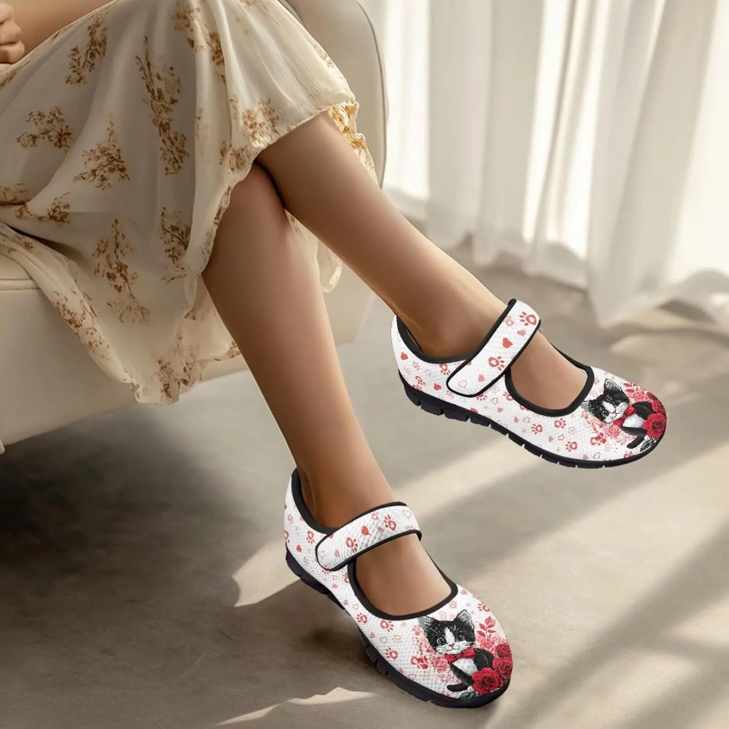 Love Heart Pattern Womens Shoes Casual Breathable Slip On Kung Fu Mary Jane Shoes Diabetic Adjustable Grounding Shoes