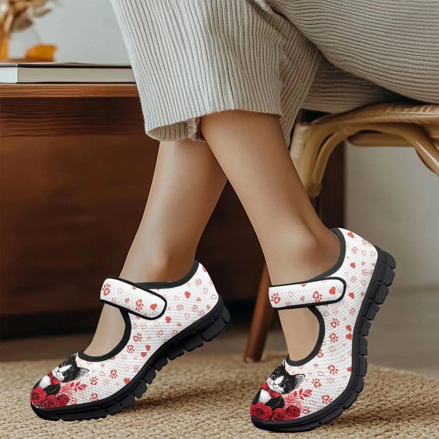 Love Heart Pattern Womens Shoes Casual Breathable Slip On Kung Fu Mary Jane Shoes Diabetic Adjustable Grounding Shoes