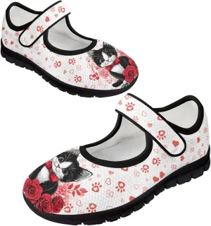 Love Heart Pattern Womens Shoes Casual Breathable Slip On Kung Fu Mary Jane Shoes Diabetic Adjustable Grounding Shoes