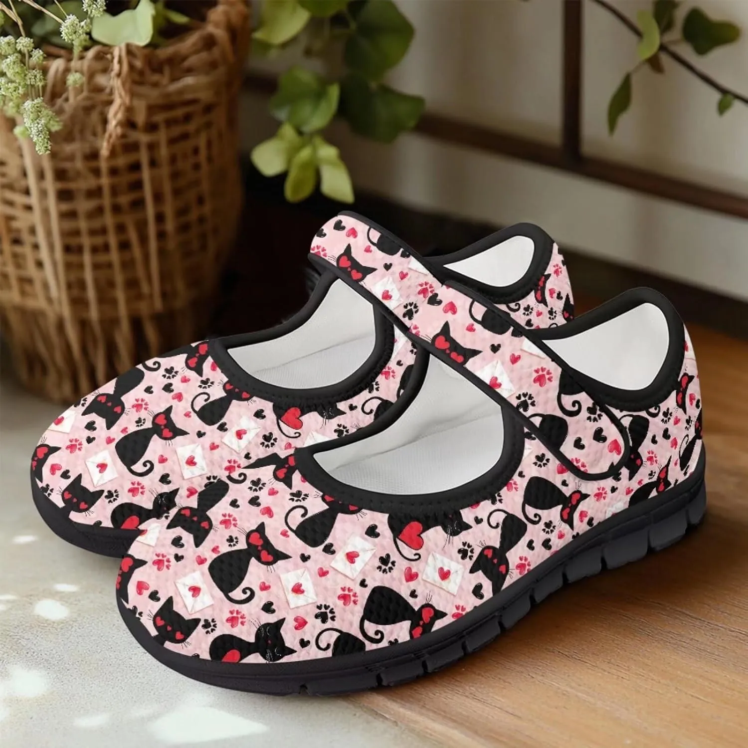 Love Heart Pattern Womens Shoes Casual Breathable Slip On Kung Fu Mary Jane Shoes Diabetic Adjustable Grounding Shoes