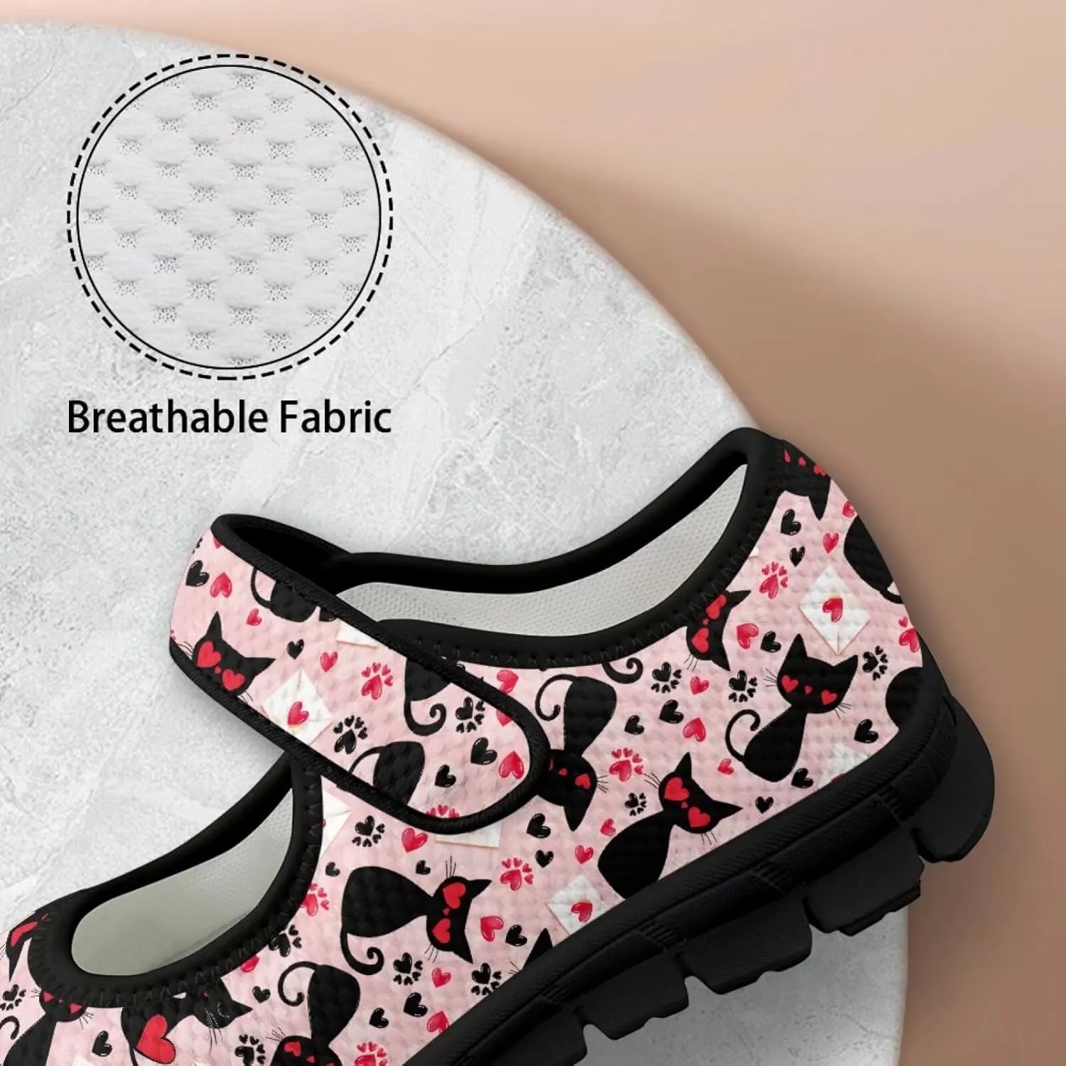 Love Heart Pattern Womens Shoes Casual Breathable Slip On Kung Fu Mary Jane Shoes Diabetic Adjustable Grounding Shoes