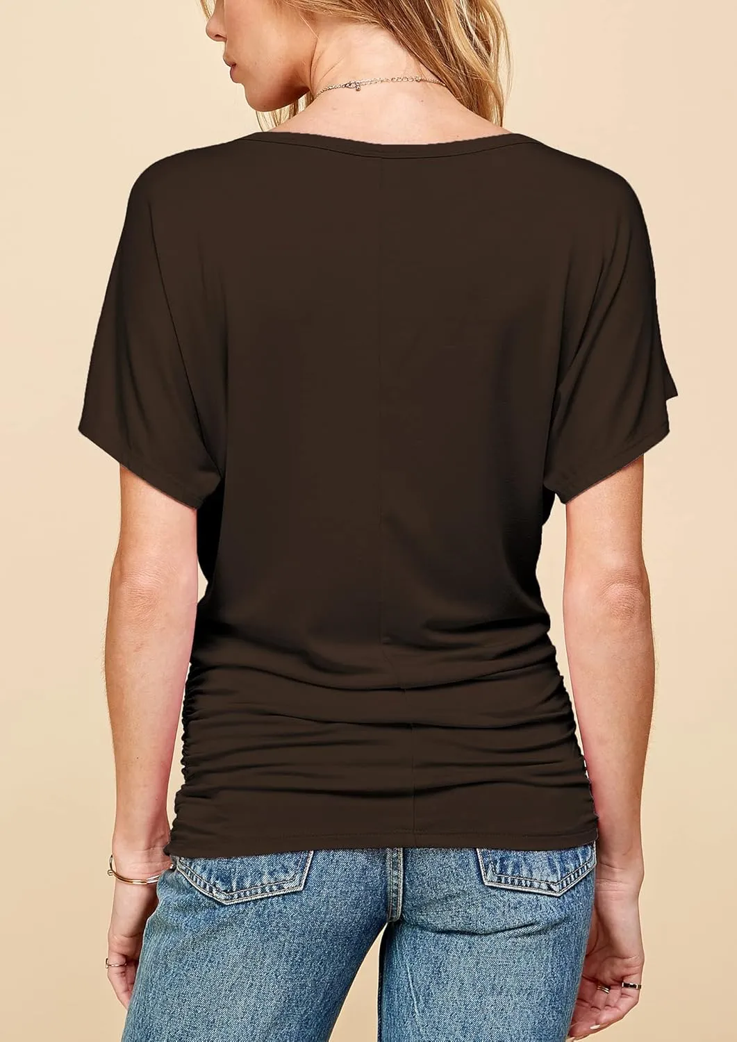 Made By Johnny Women's Casual Solid Short Sleeve Boat Neck/V Neck Dolman Top T Shirt with Side Shirring