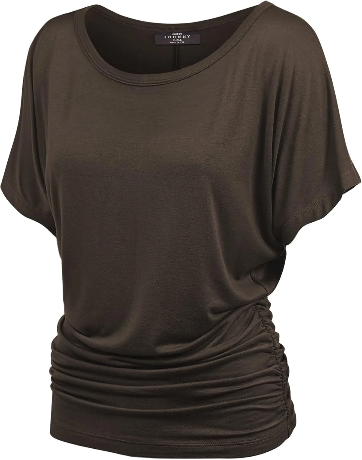 Made By Johnny Women's Casual Solid Short Sleeve Boat Neck/V Neck Dolman Top T Shirt with Side Shirring