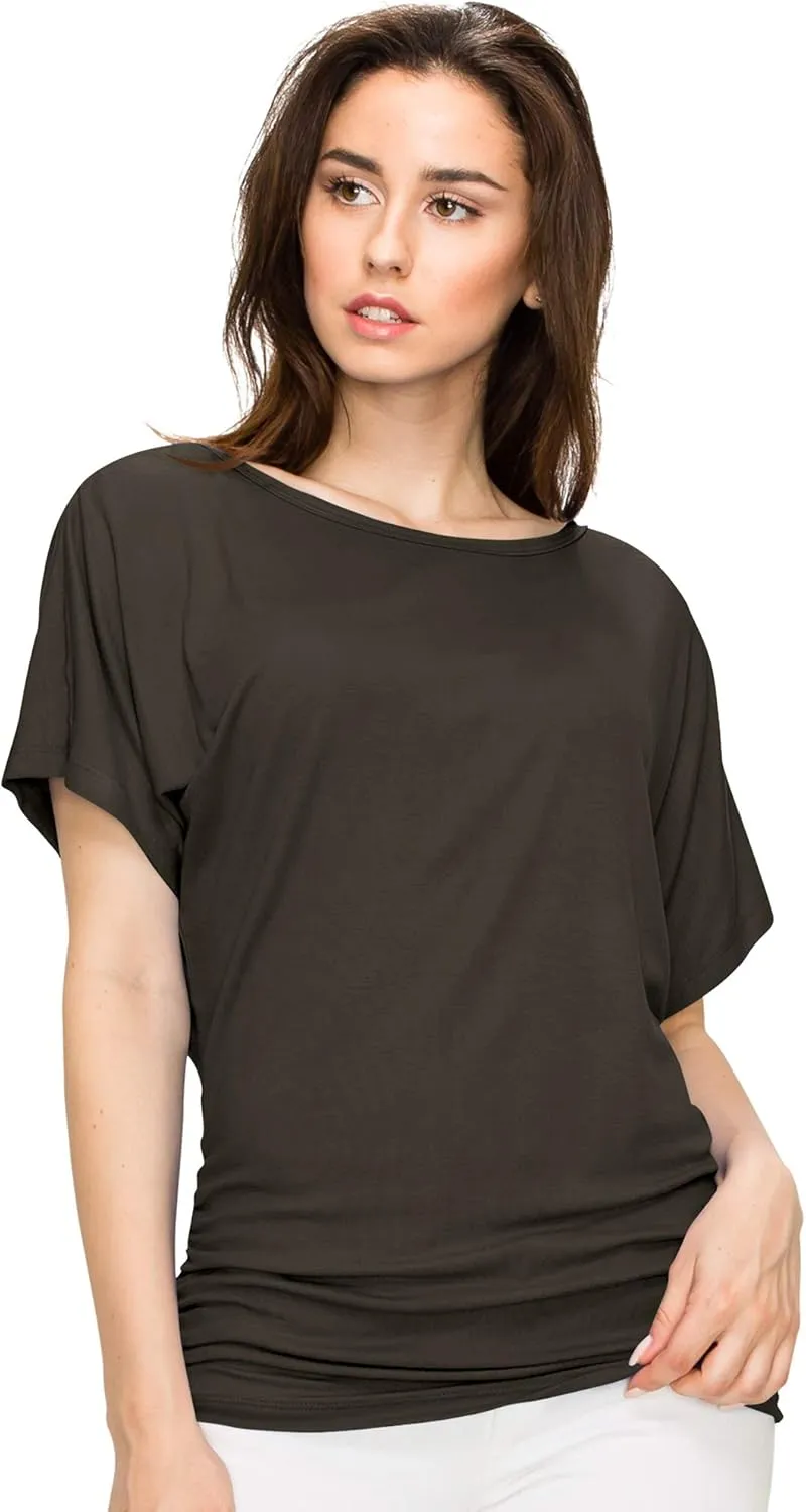 Made By Johnny Women's Casual Solid Short Sleeve Boat Neck/V Neck Dolman Top T Shirt with Side Shirring
