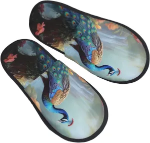 Magic Forest Pond Peacock Women's Fuzzy Slippers Slip-on Slipper Soft Comfy Bedroom Slippers Non-slip House Shoes Medium