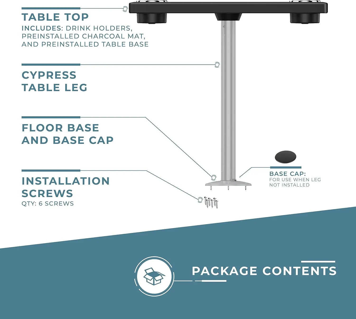 Manufacturers' Select ITC Boat Table Set - 18"x34" Removable Pontoon Boat Table with Center Non-Slip Mat, Pedestal Leg, 4 Drink Holders, & 2 Phone Stands (Glossy Black, Silver Leg, Charcoal Grey Mat)