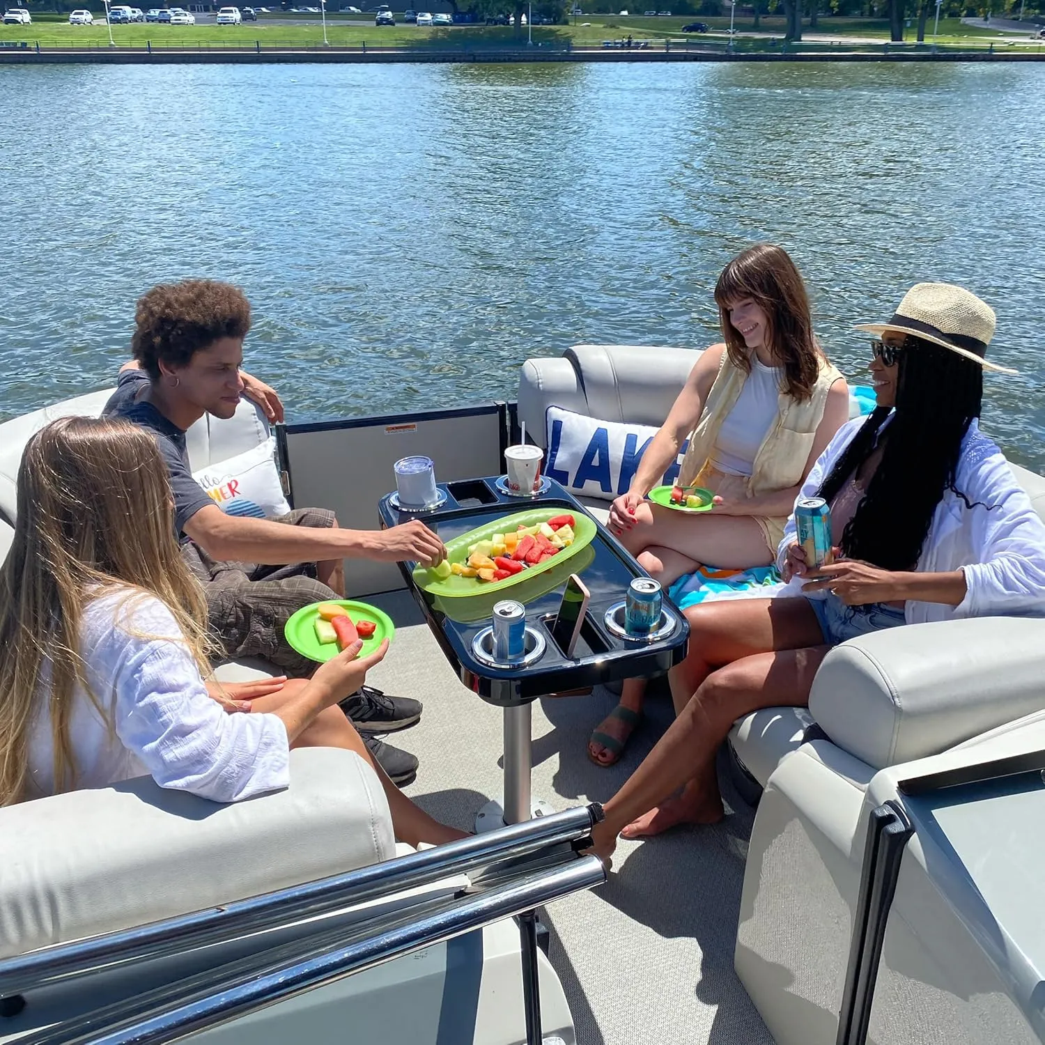 Manufacturers' Select ITC Boat Table Set - 18"x34" Removable Pontoon Boat Table with Center Non-Slip Mat, Pedestal Leg, 4 Drink Holders, & 2 Phone Stands (Glossy Black, Silver Leg, Charcoal Grey Mat)