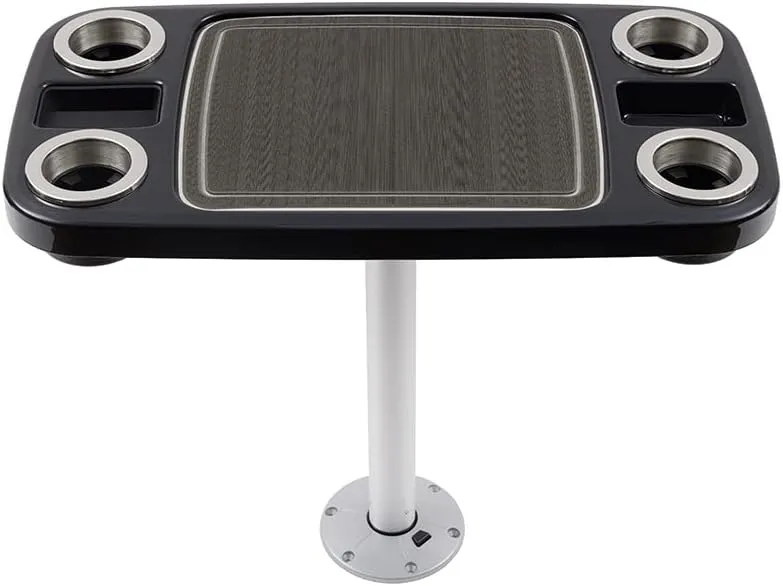 Manufacturers' Select ITC Boat Table Set - 18"x34" Removable Pontoon Boat Table with Center Non-Slip Mat, Pedestal Leg, 4 Drink Holders, & 2 Phone Stands (Glossy Black, Silver Leg, Charcoal Grey Mat)