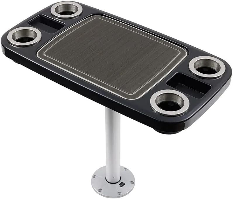 Manufacturers' Select ITC Boat Table Set - 18"x34" Removable Pontoon Boat Table with Center Non-Slip Mat, Pedestal Leg, 4 Drink Holders, & 2 Phone Stands (Glossy Black, Silver Leg, Charcoal Grey Mat)