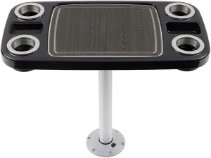 Manufacturers' Select ITC Boat Table Set - 18"x34" Removable Pontoon Boat Table with Center Non-Slip Mat, Pedestal Leg, 4 Drink Holders, & 2 Phone Stands (Glossy Black, Silver Leg, Charcoal Grey Mat)