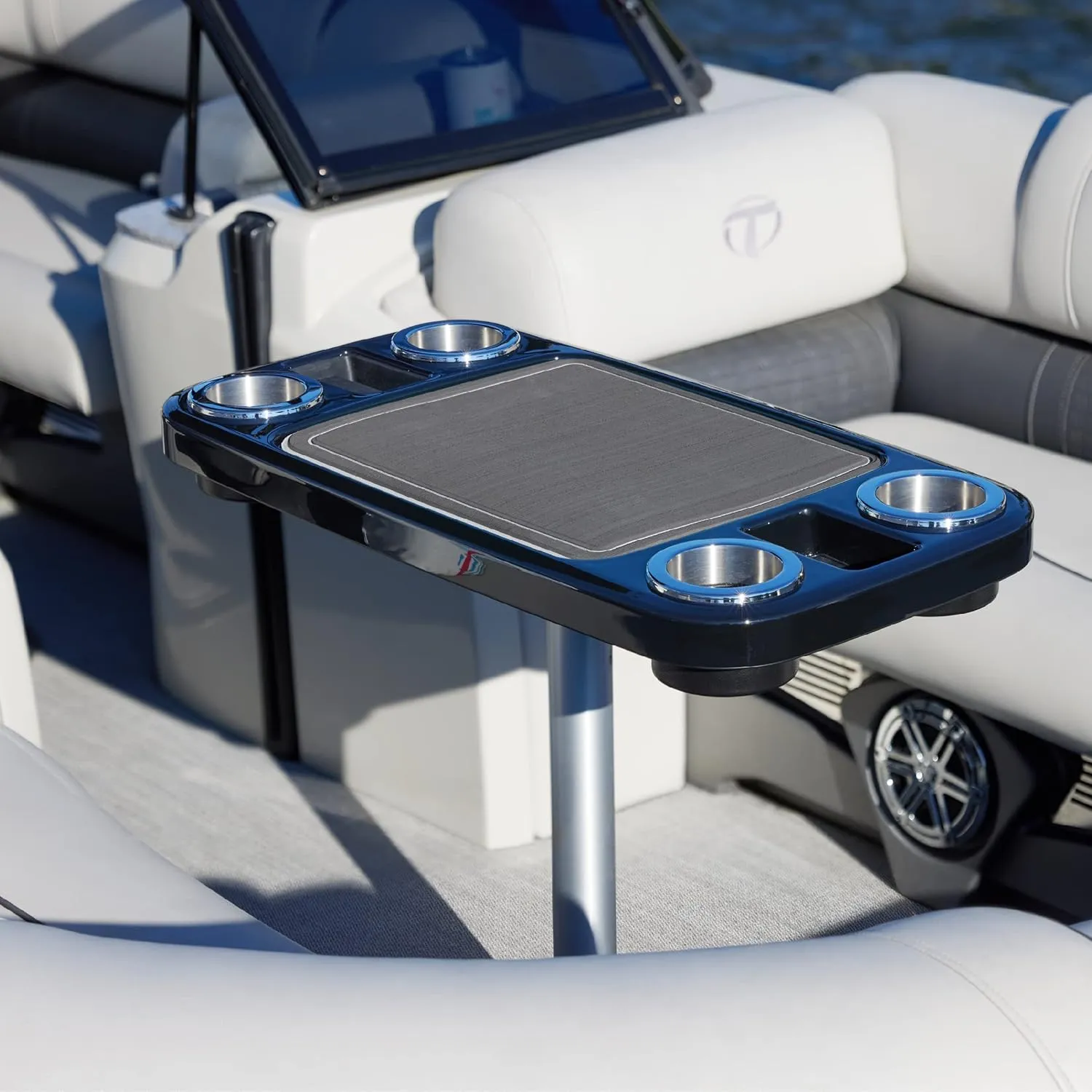Manufacturers' Select ITC Boat Table Set - 18"x34" Removable Pontoon Boat Table with Center Non-Slip Mat, Pedestal Leg, 4 Drink Holders, & 2 Phone Stands (Glossy Black, Silver Leg, Charcoal Grey Mat)