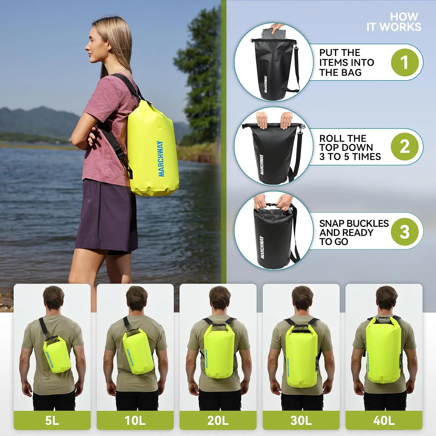 MARCHWAY Floating Waterproof Dry Bag Backpack 5L/10L/20L/30L/40L, Roll Top Sack Keeps Gear Dry for Kayaking, Rafting, Boating, Swimming, Camping, Hiking, Beach, Fishing