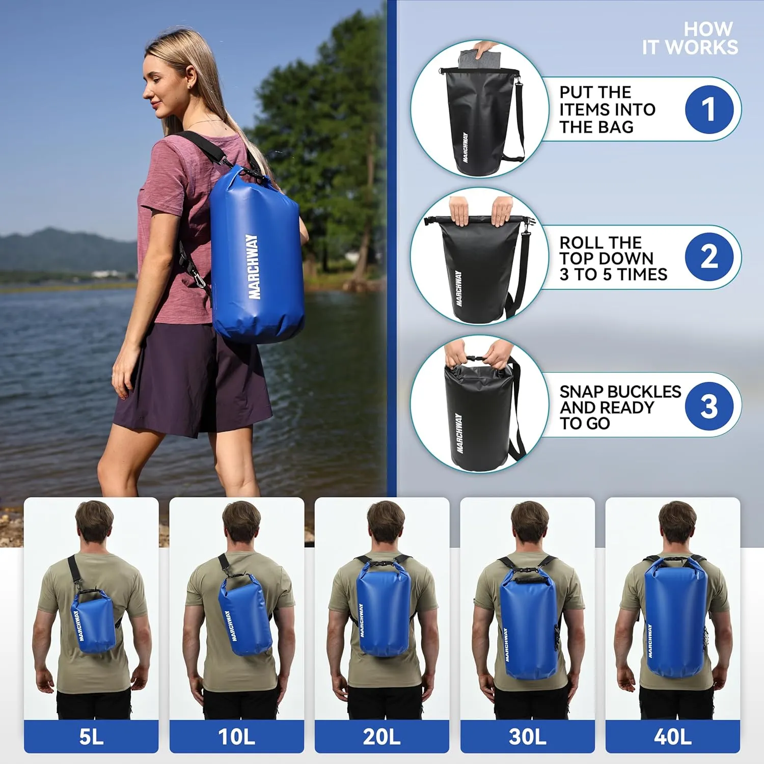 MARCHWAY Floating Waterproof Dry Bag Backpack 5L/10L/20L/30L/40L, Roll Top Sack Keeps Gear Dry for Kayaking, Rafting, Boating, Swimming, Camping, Hiking, Beach, Fishing