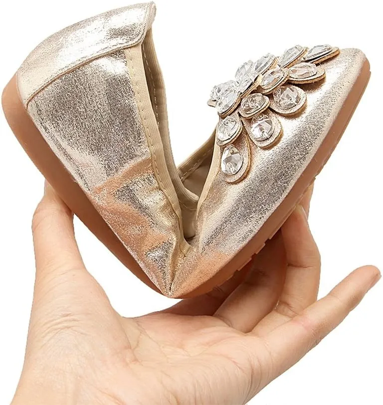 Meeshine Womens Foldable Soft Pointed Toe Ballet Flats Rhinestone Comfort Slip on Flat Shoes