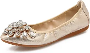 Meeshine Womens Foldable Soft Pointed Toe Ballet Flats Rhinestone Comfort Slip on Flat Shoes