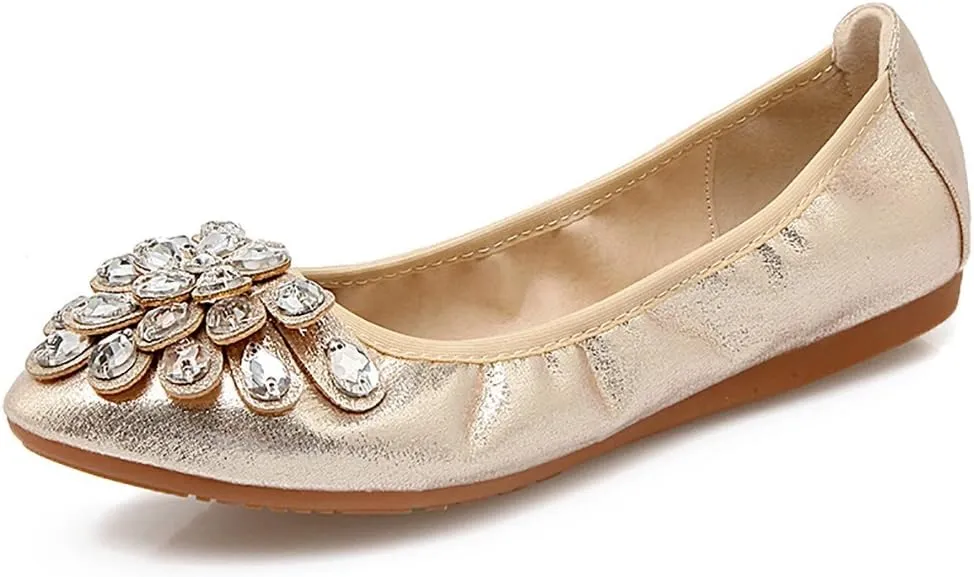 Meeshine Womens Foldable Soft Pointed Toe Ballet Flats Rhinestone Comfort Slip on Flat Shoes
