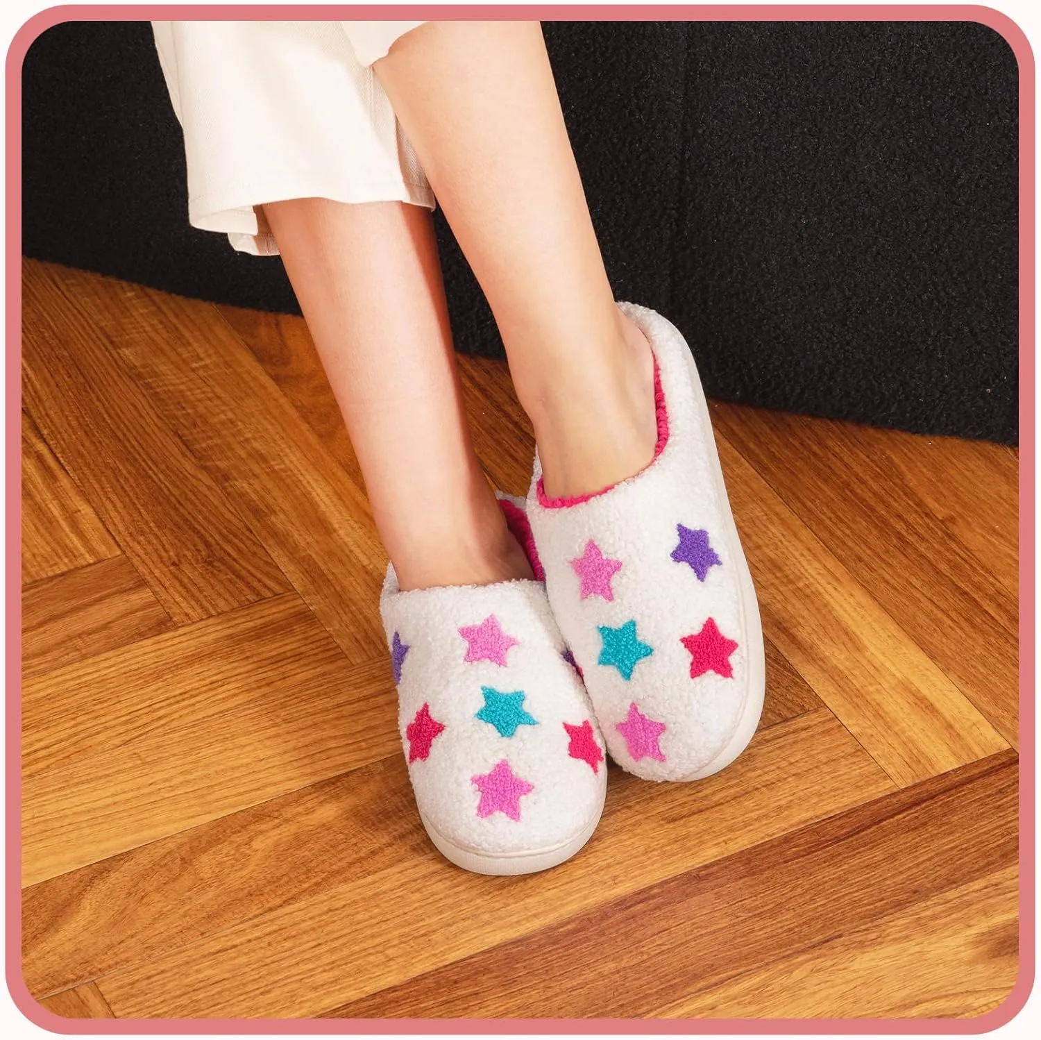 Memory Foam Slippers for Women - House Slip-on with Colorful Hearts & Stars Pattern Cute Cozy Bedroom shoes