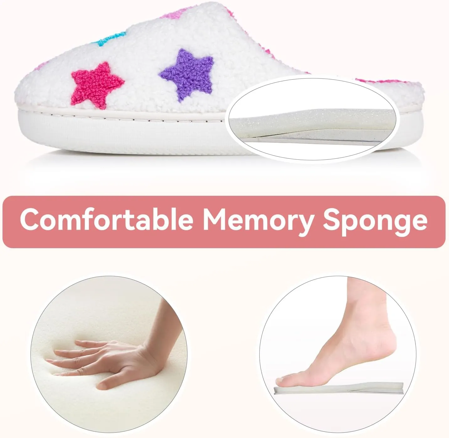 Memory Foam Slippers for Women - House Slip-on with Colorful Hearts & Stars Pattern Cute Cozy Bedroom shoes