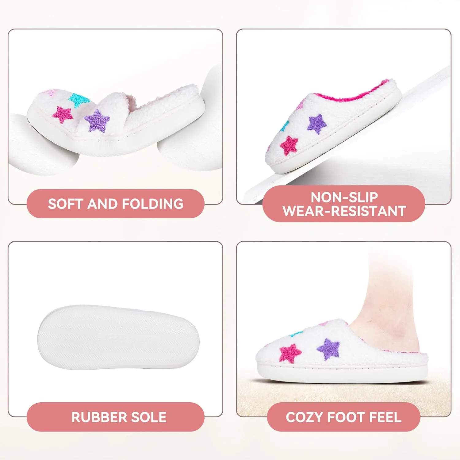 Memory Foam Slippers for Women - House Slip-on with Colorful Hearts & Stars Pattern Cute Cozy Bedroom shoes