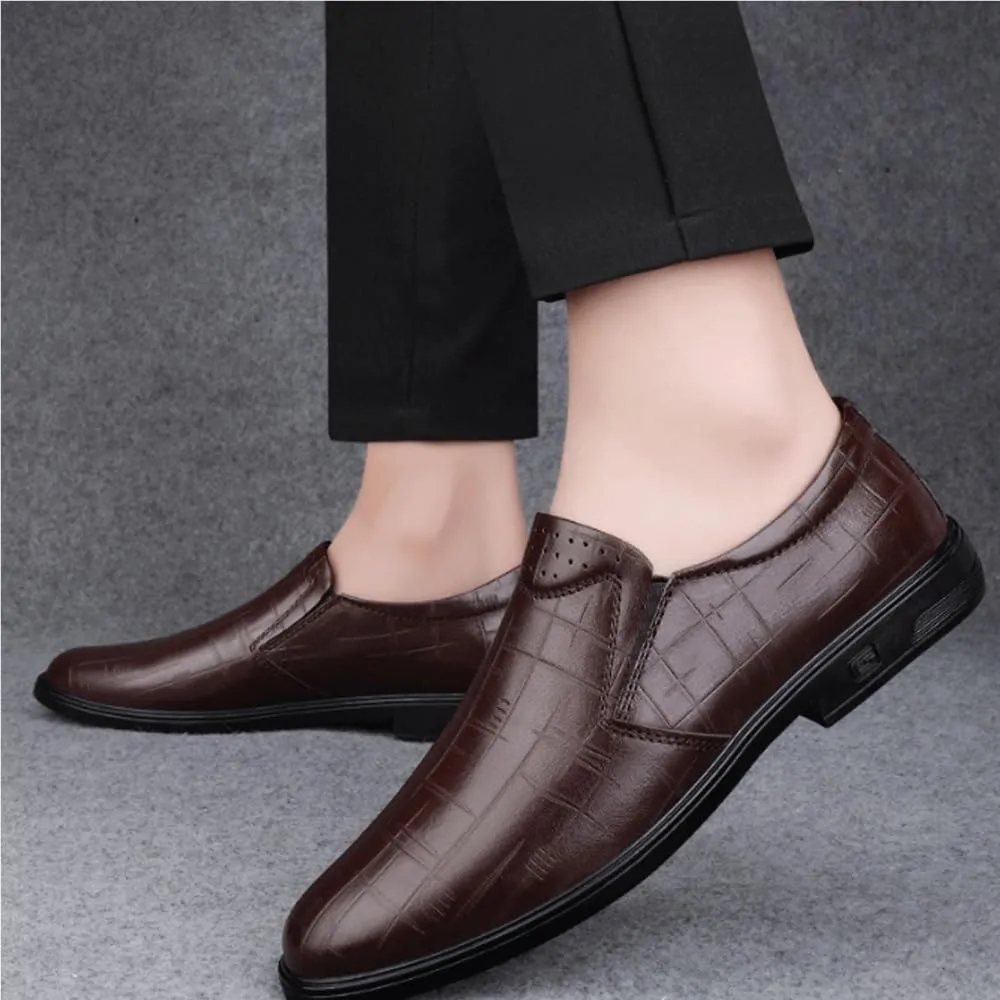 Men Leather Oxford Dress Shoes Slip On Business Casual Waterproof Soft Sole Round Toe Spring Autumn Comfortable