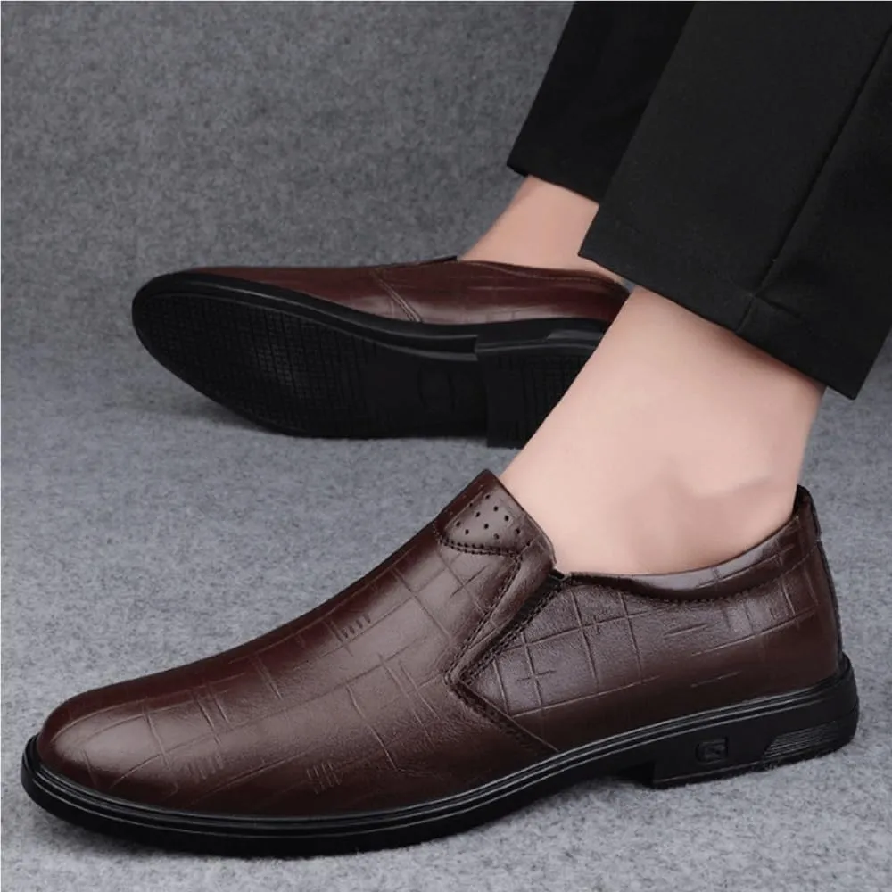 Men Leather Oxford Dress Shoes Slip On Business Casual Waterproof Soft Sole Round Toe Spring Autumn Comfortable