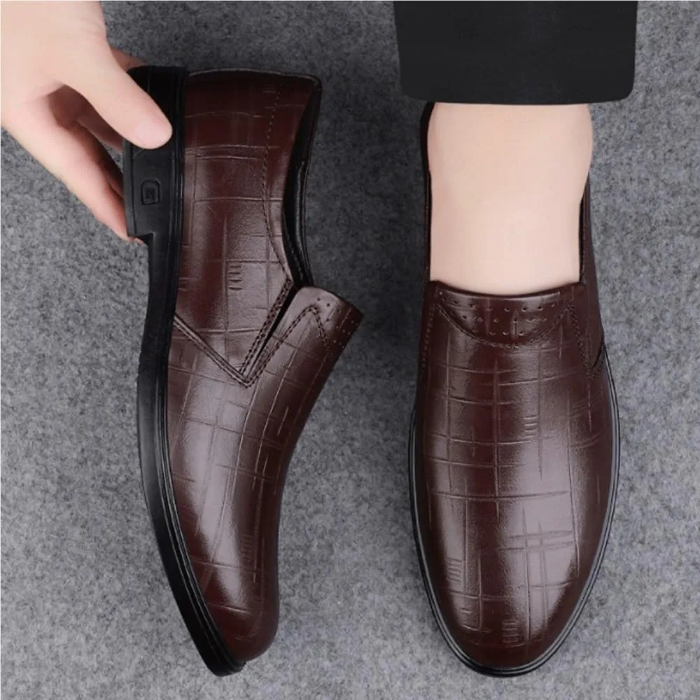 Men Leather Oxford Dress Shoes Slip On Business Casual Waterproof Soft Sole Round Toe Spring Autumn Comfortable