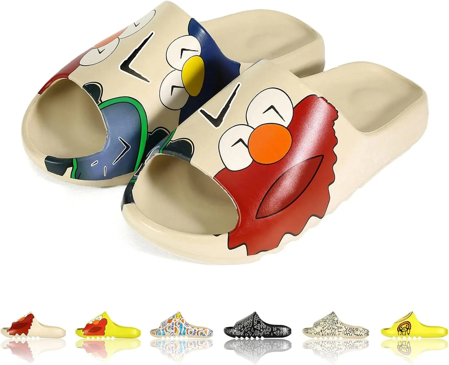 Men Women Cloud Cushion Slides EVA Pillow Slippers Cute Cartoon Print Non-Slip Shower Sandals Open Toe for Bathroom House Spa Gym Home Soft Comfy Shoes